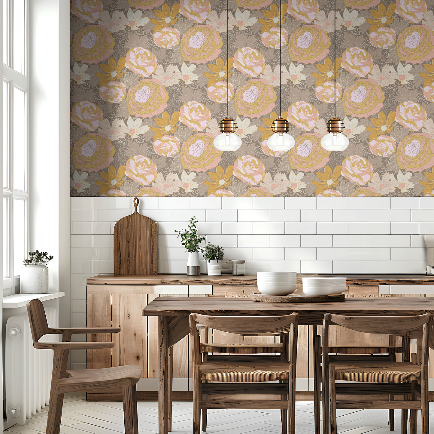 Large Floral Beige Wallpaper