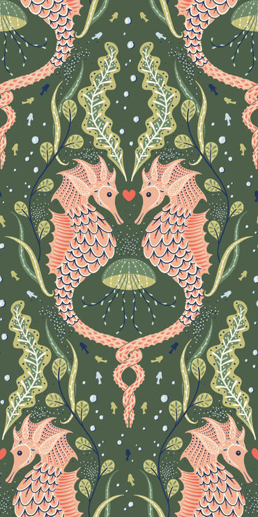 Pattern of pink seahorses and green leaves on a dark green background