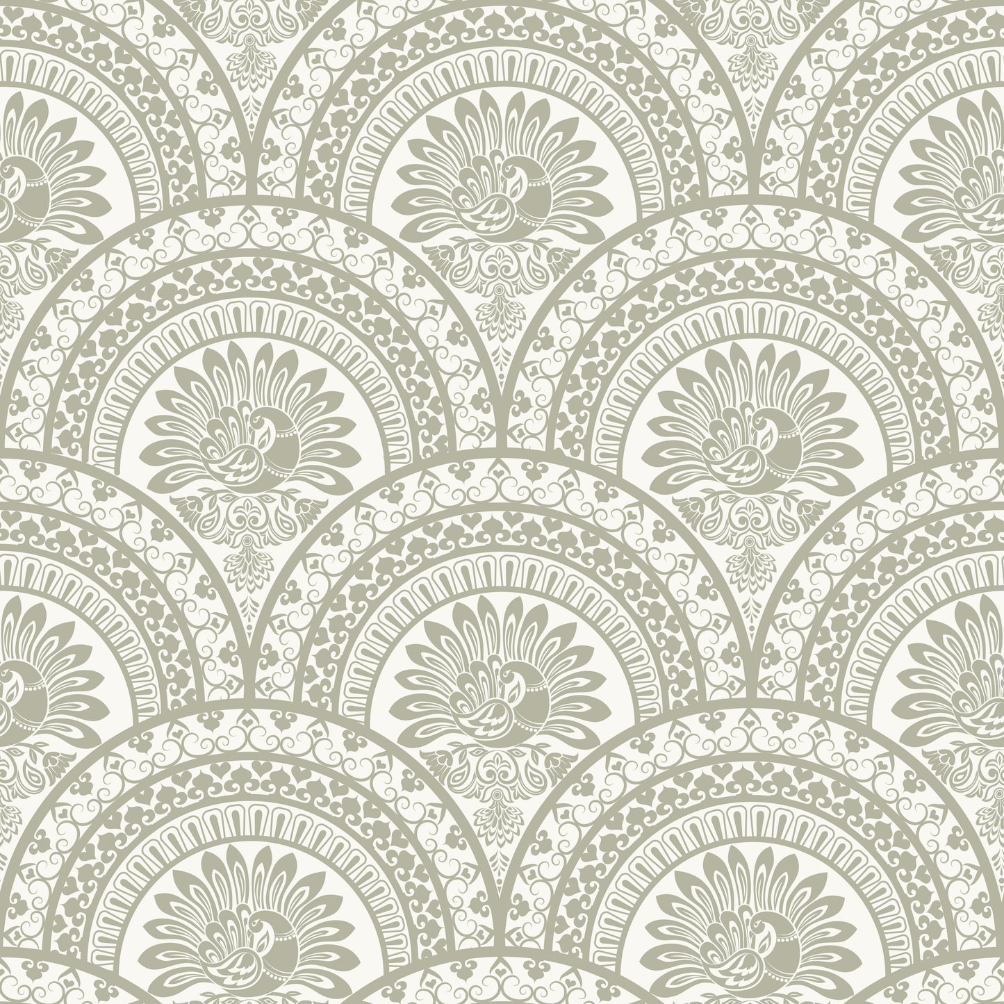 Serene Peacock Sage Grey peel and stick wallpaper pattern detail