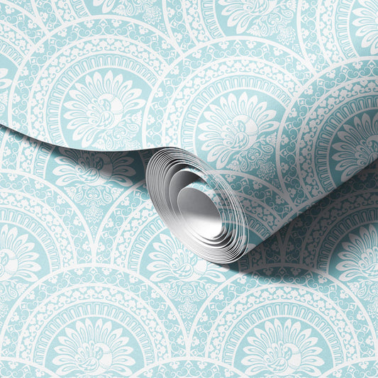 Serene Peacock Light Blue peel and stick wallpaper room mockup