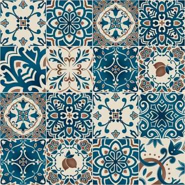 Collage of various blue and brown patterned tiles