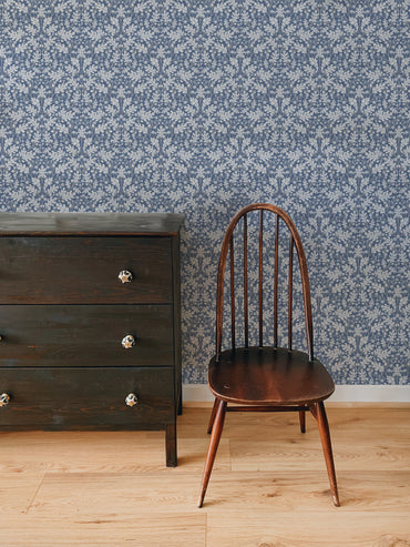 Small Scale Heritage Oak & Acorn Ogee Blue peel and stick wallpaper room mockup