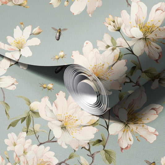 Spring Blossom Teal peel and stick wallpaper room mockup