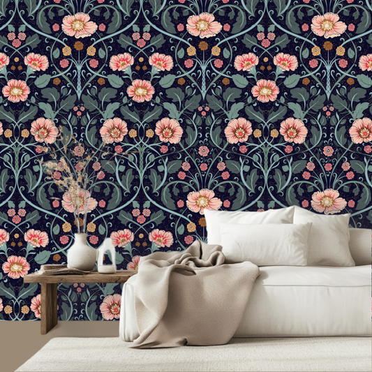 Summer Nostalgia Art Nouveau Dark Blue peel and stick wallpaper room mockup