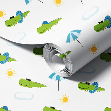 Luxury wallpaper featuring sunbathing crocodiles in a serene, exotic setting perfect for elegant interior design