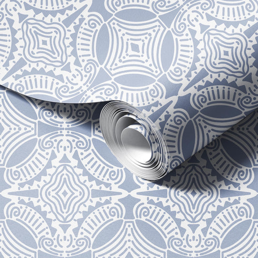Symetrical Linework Blue peel and stick wallpaper room mockup