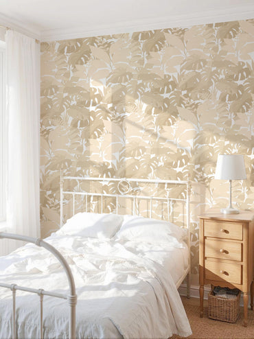 Tropical Foliage Beige peel and stick wallpaper room mockup
