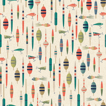 Pattern of colorful fishing lures and buoys on a beige background