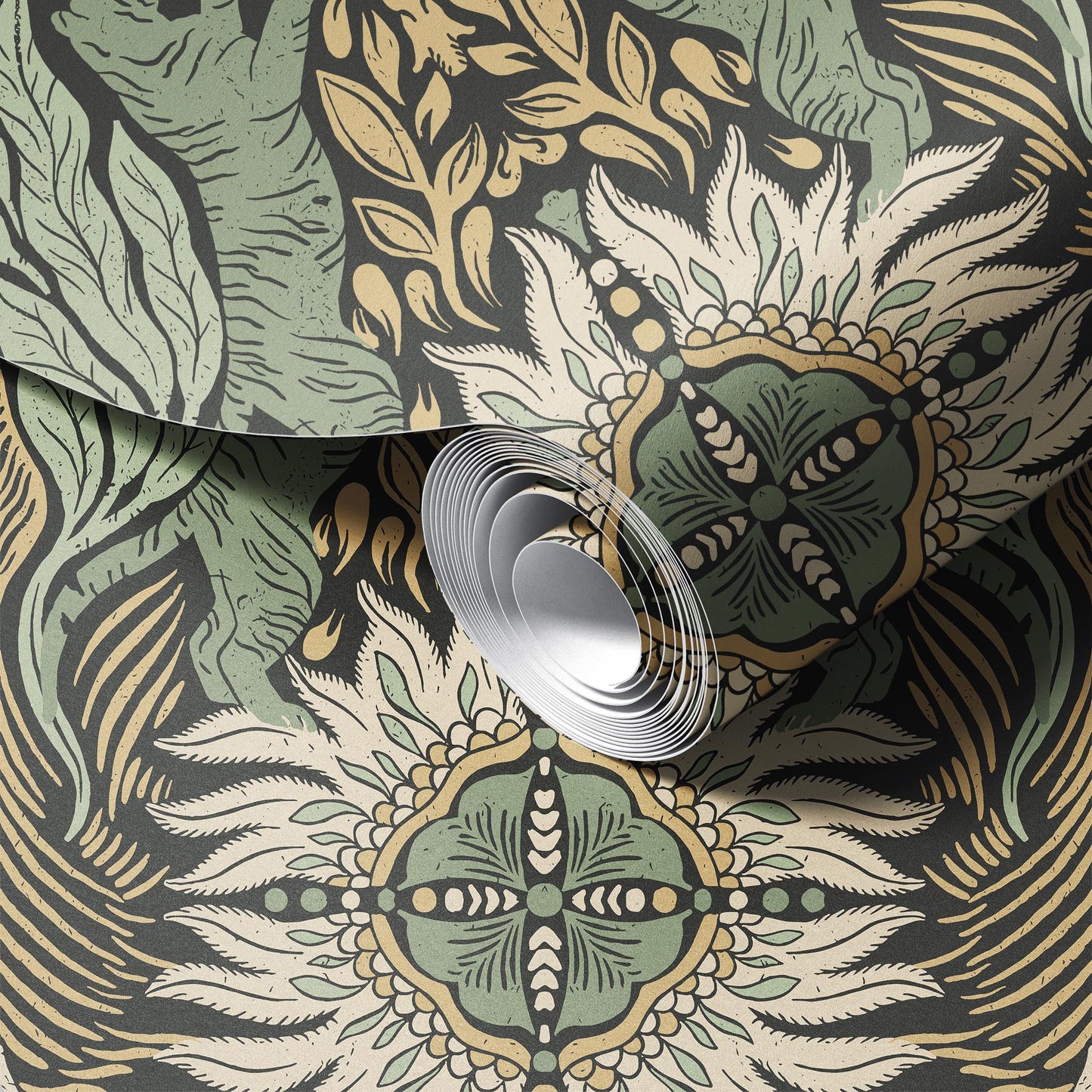 Tigers in the Forest peel and stick wallpaper room mockup