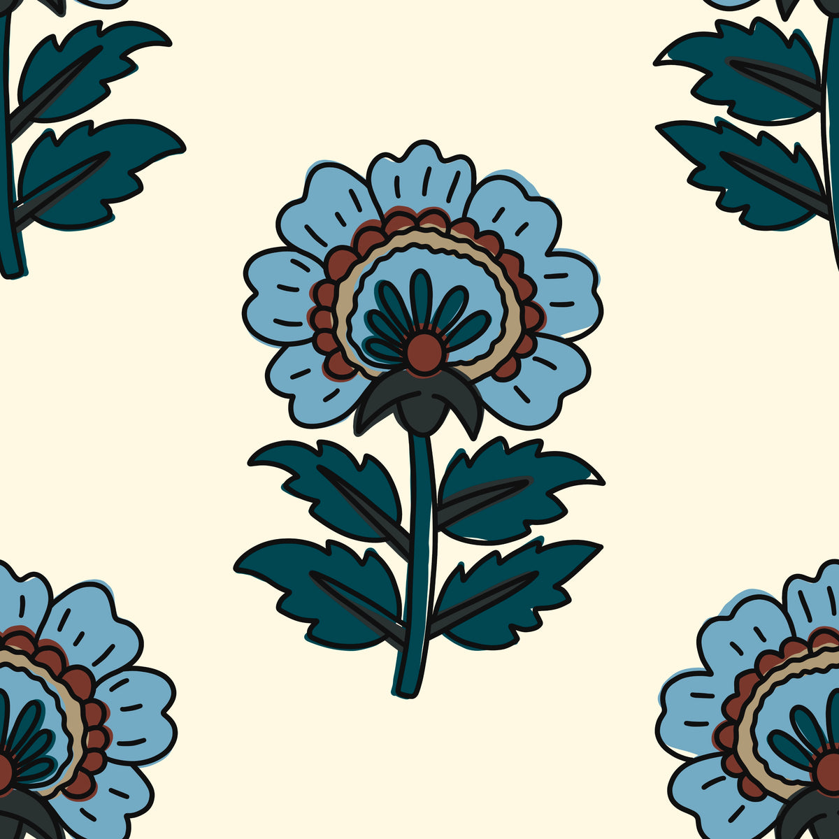 A repeating floral pattern featuring stylized blue flowers with dark teal leaves on a warm cream background.