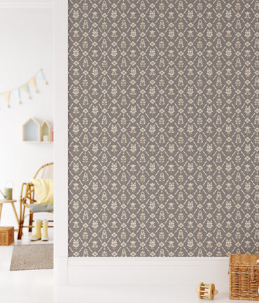 Vintage Floral Argyle Taupe peel and stick wallpaper room mockup