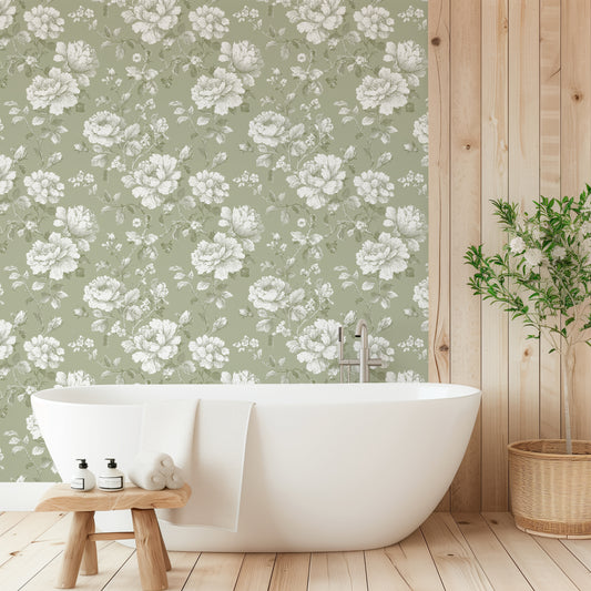 Vintage Sage Peony Peel and Stick Wallpaper