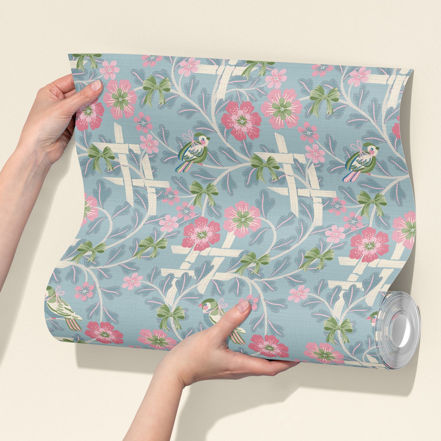 Hidden Birds Blue and Pink Wallpaper