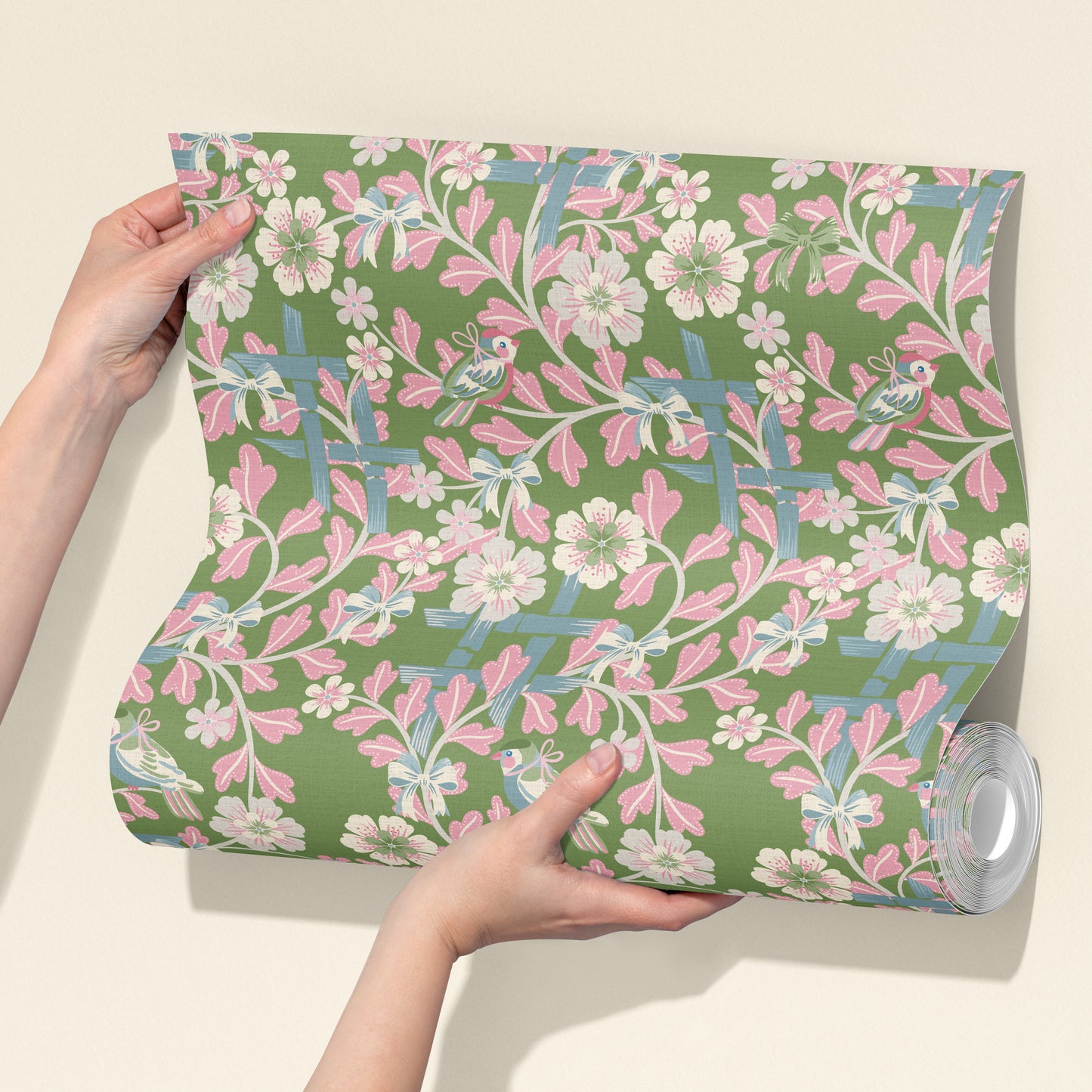 Hidden Birds Pink and Green Wallpaper