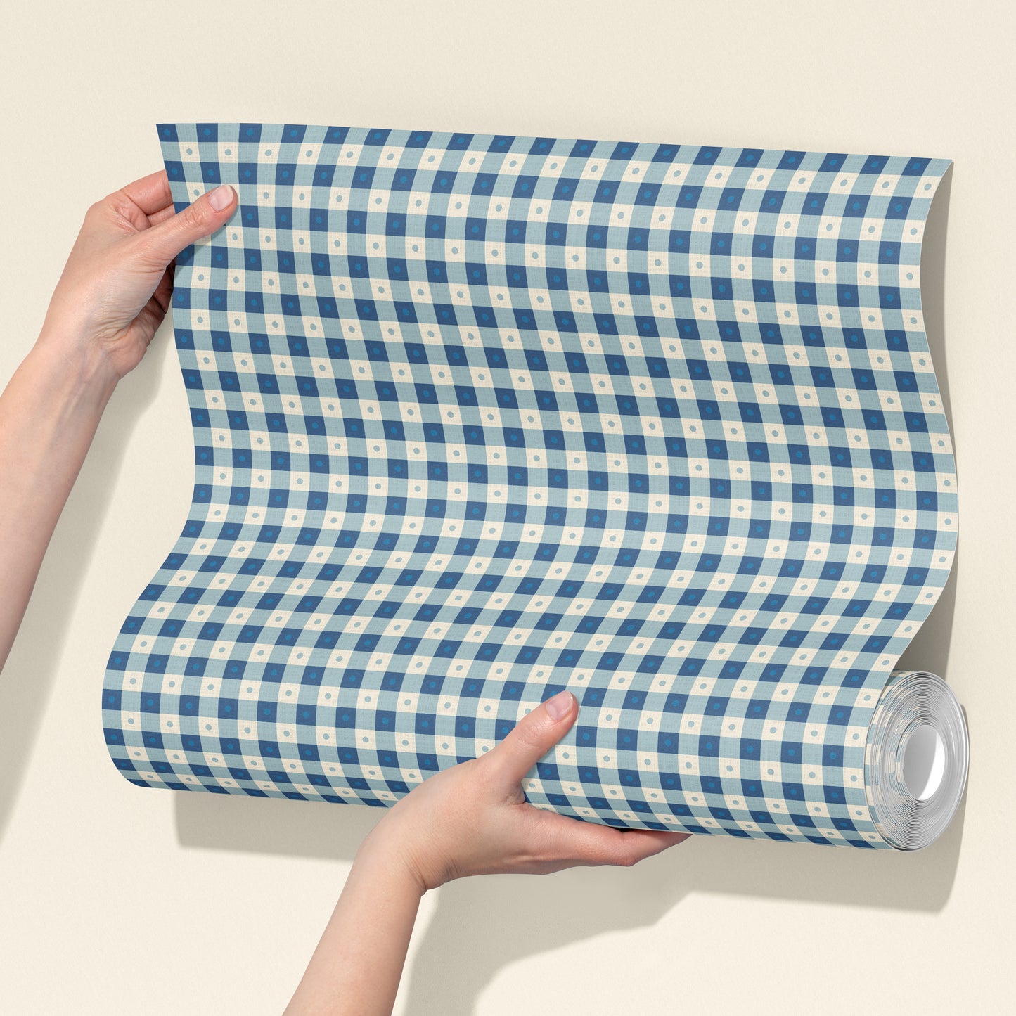 Preppy Gingham with Dots - Delft Blue and Cream Wallpaper