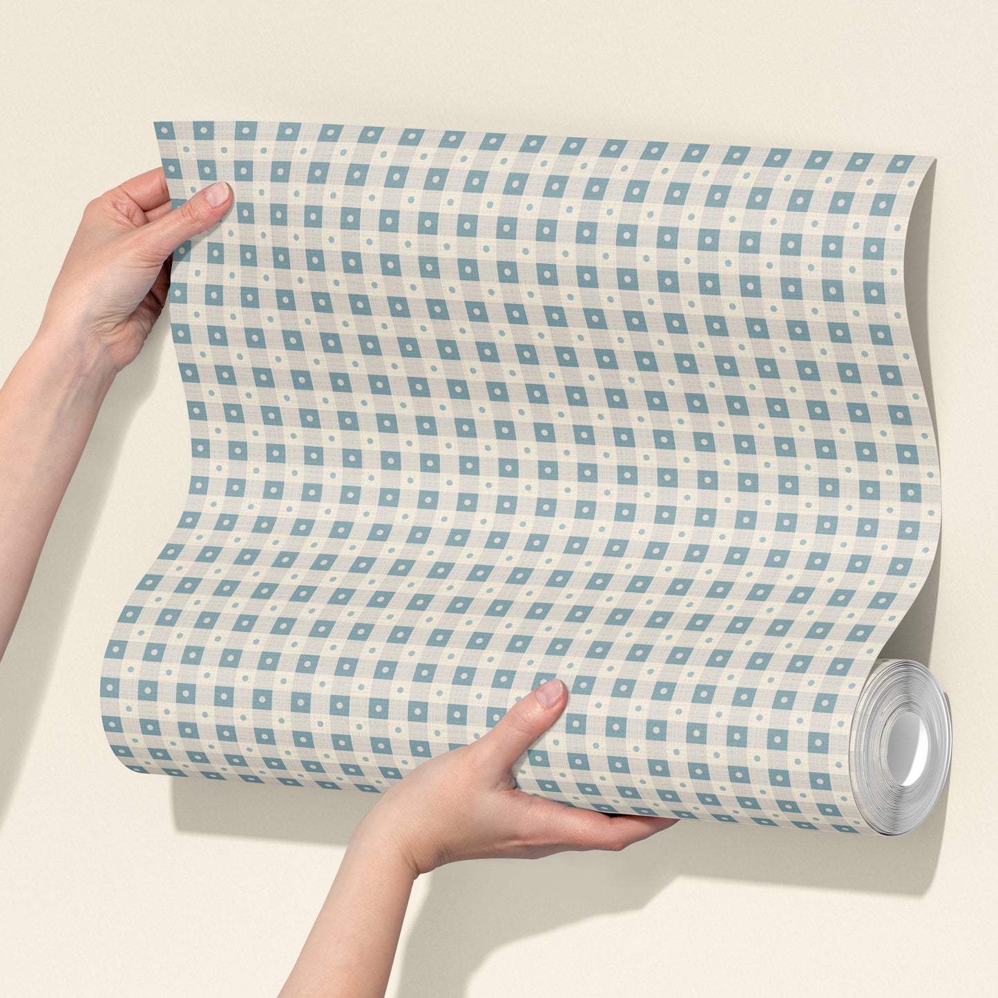 Preppy Gingham with Dots - Light Blue and Cream Wallpaper
