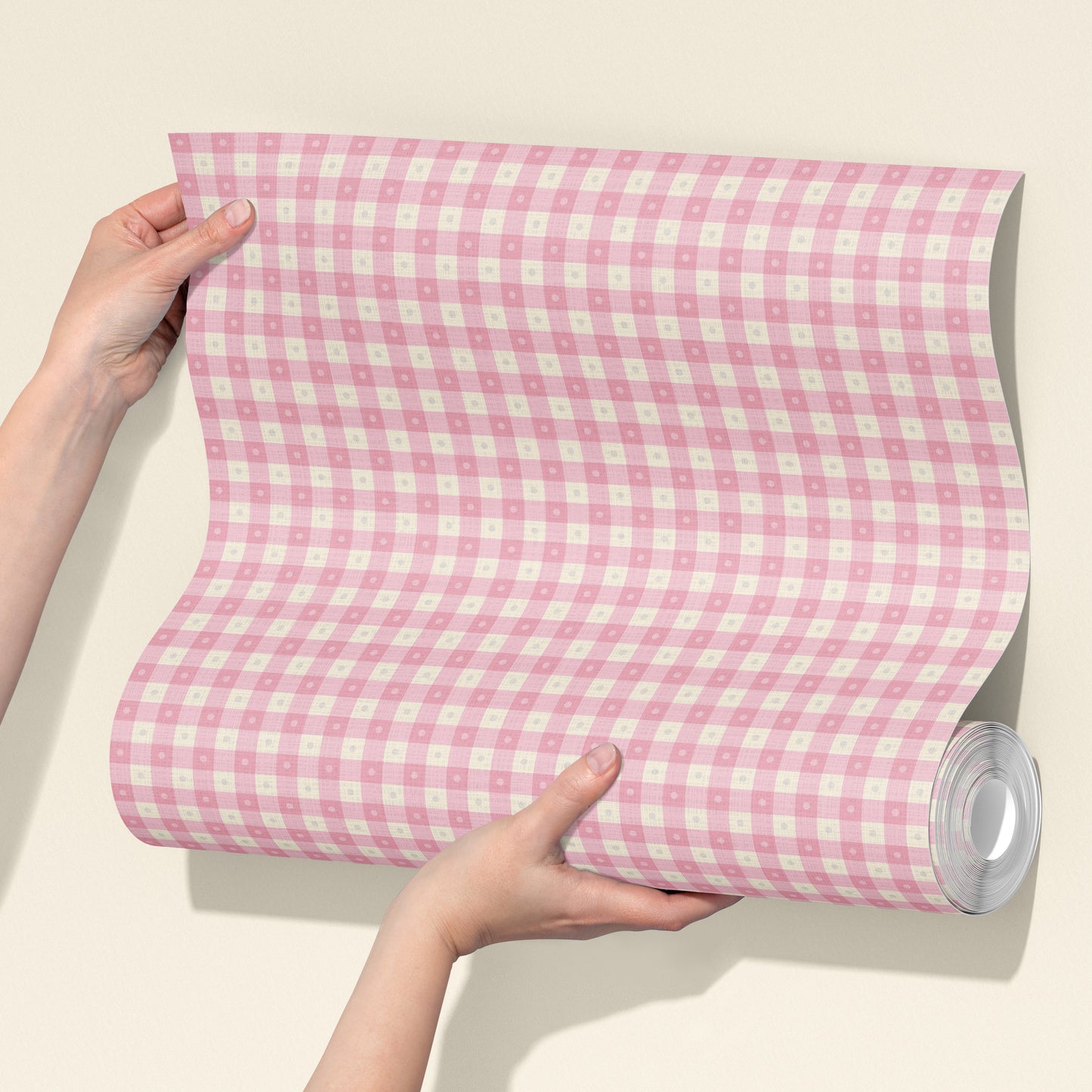 Preppy Gingham with Dots - Light Pink and Cream Wallpaper