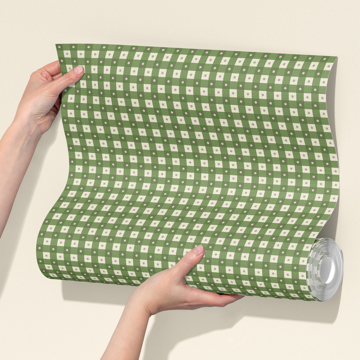 Preppy Gingham with Dots - Green, Pink and Cream Wallpaper