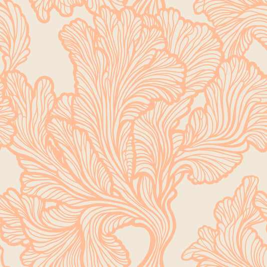 Patterned design with coral-colored floral design on a beige background