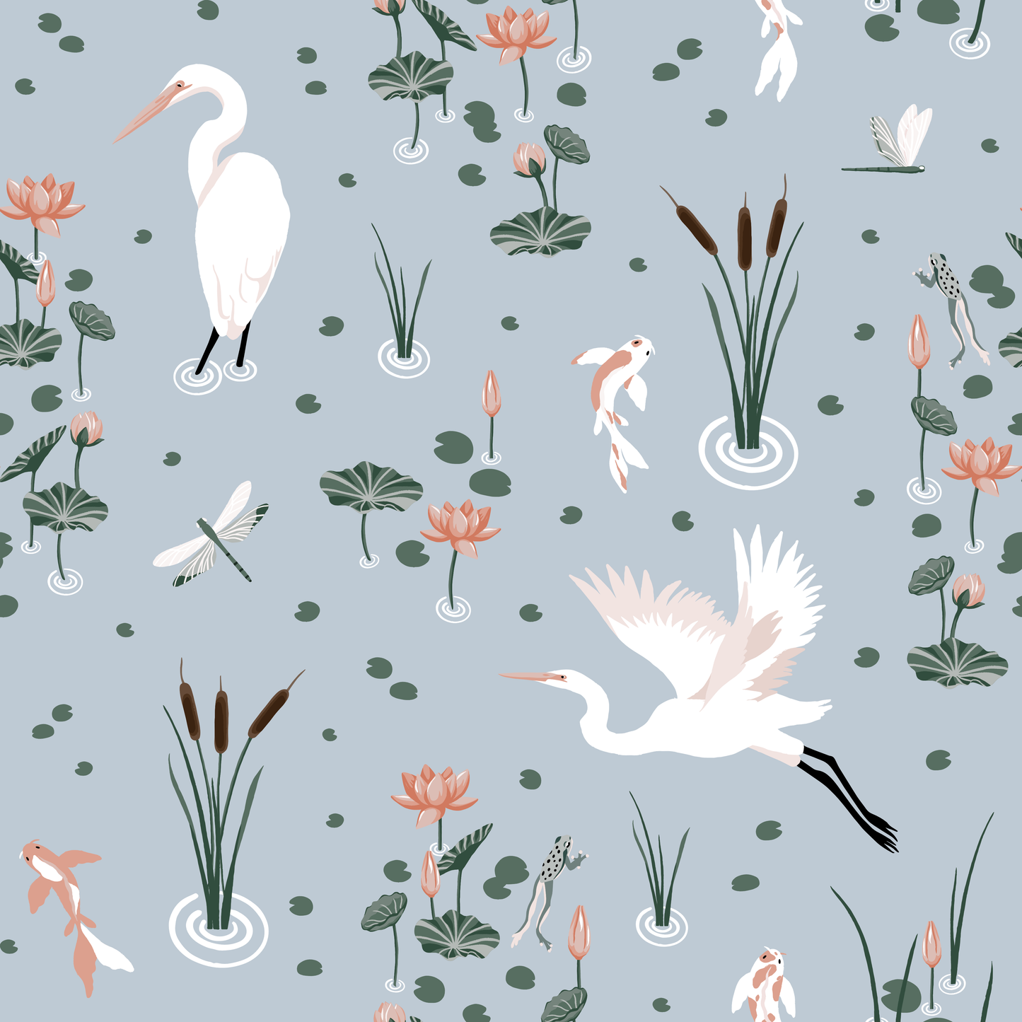 White Heron Koi Pond Wallpaper