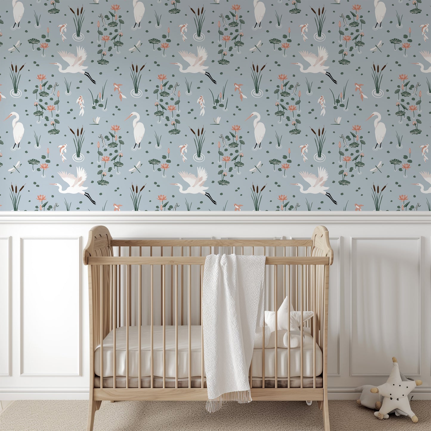 White Heron Koi Pond Wallpaper