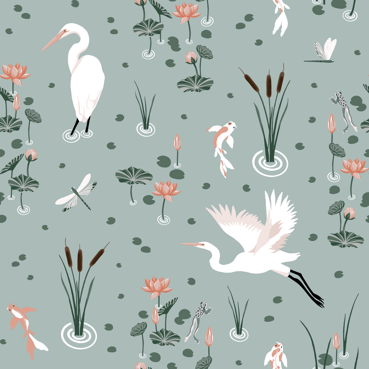 White Heron Koi Pond Wallpaper