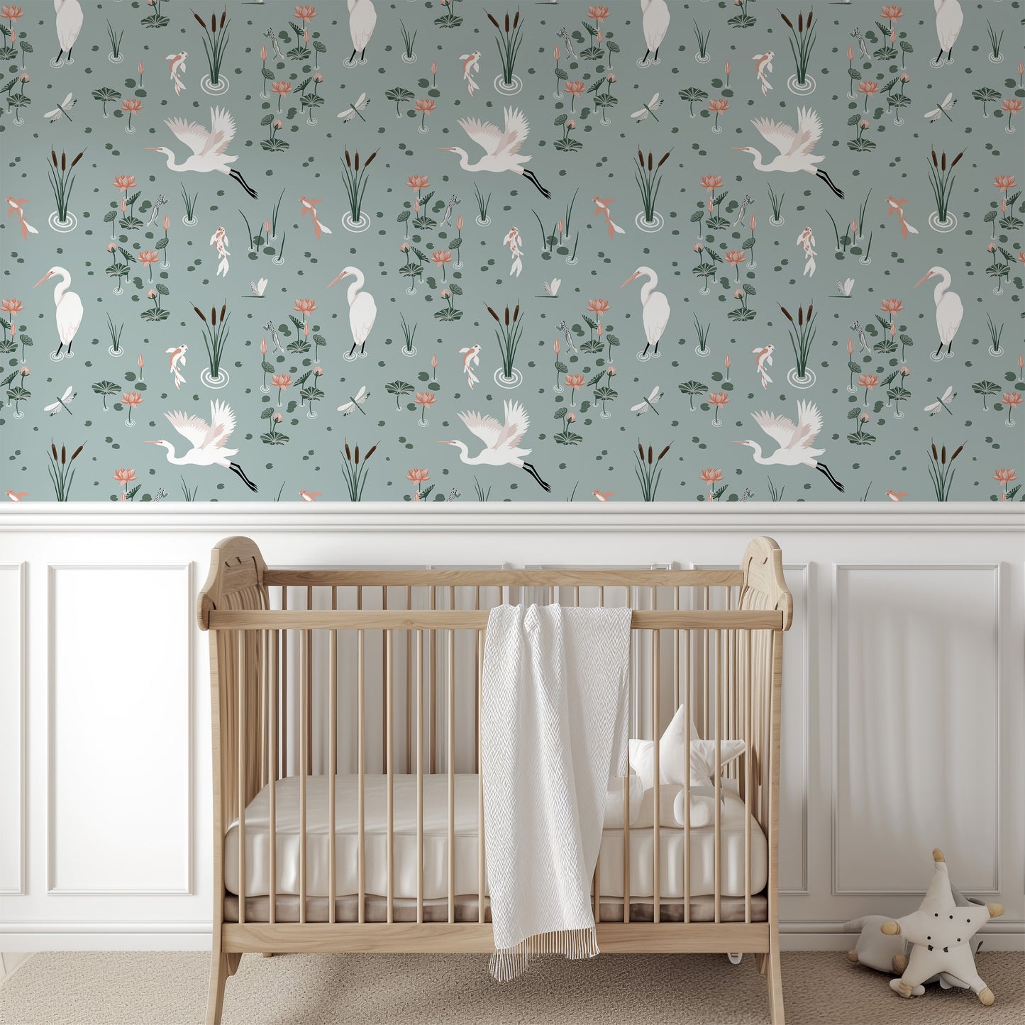 White Heron Koi Pond Wallpaper