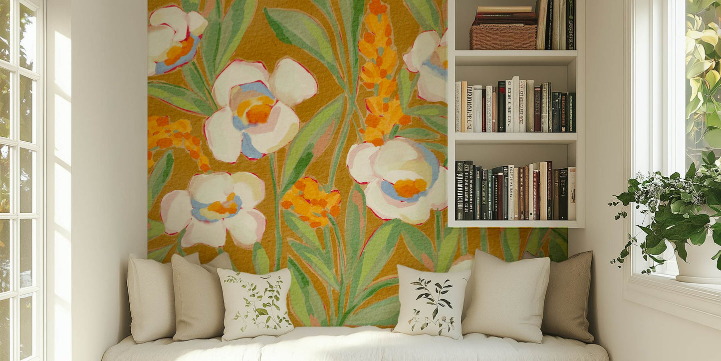 White Peony on Ochre Peel and Stick Wall Mural - Floral, Botanical, Mural