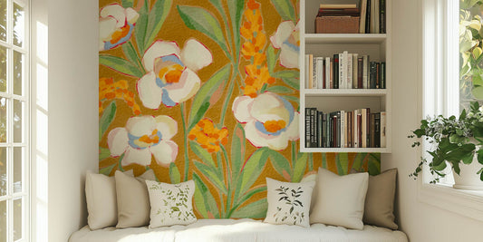 White Peony on Ochre Peel and Stick Wall Mural - Floral, Botanical, Mural