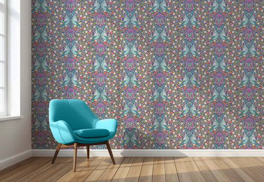 White Eye Peel and Stick Wallpaper - Art Nouveau, Birds, Flowers