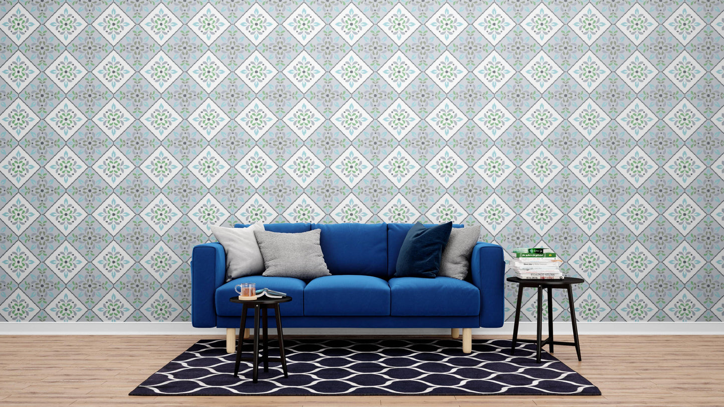Aqua Tiles in Misty Blue Wallpaper