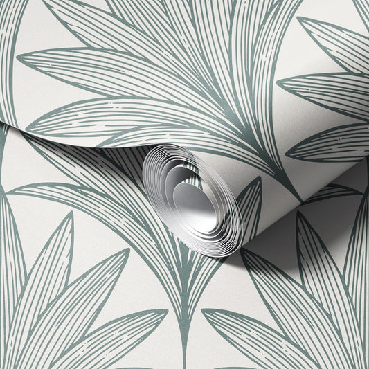 Art Deco Palm Leaves Green & Cream peel and stick wallpaper room mockup