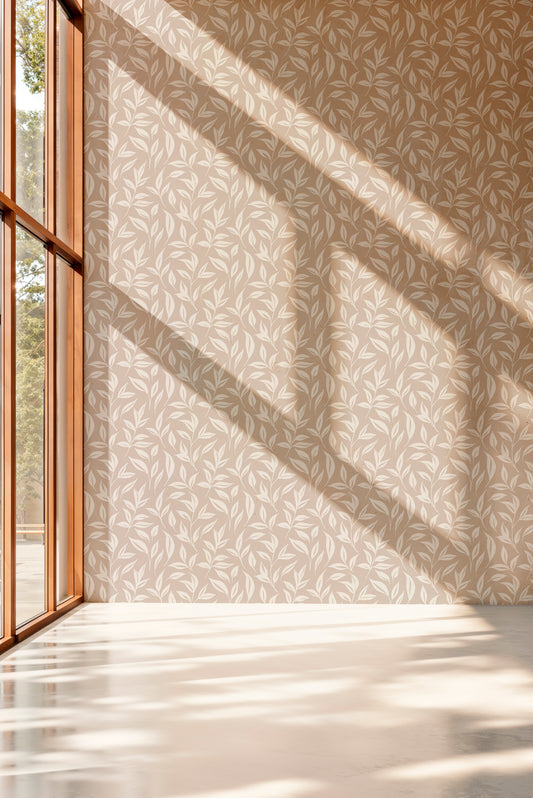 Beige Cream Climbing Leaves Wallpaper
