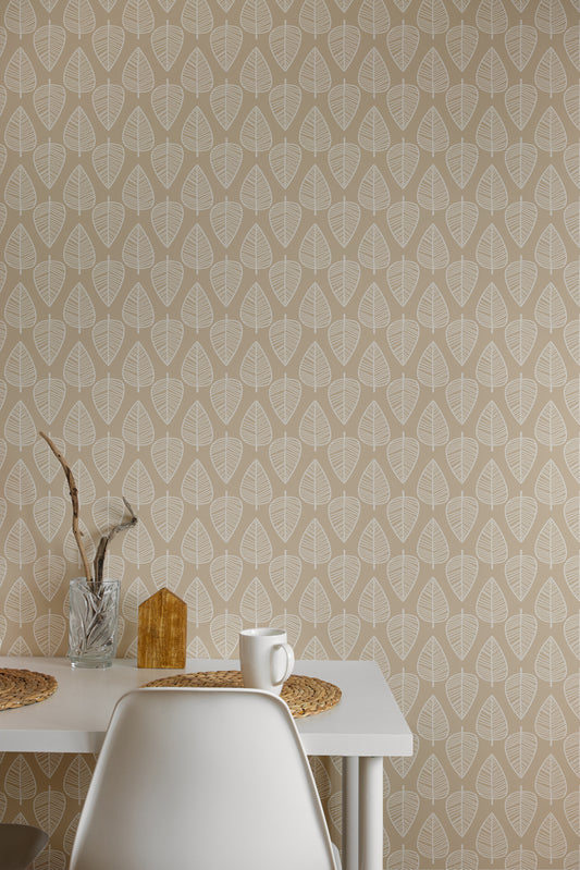Beige Striped Leaves Wallpaper