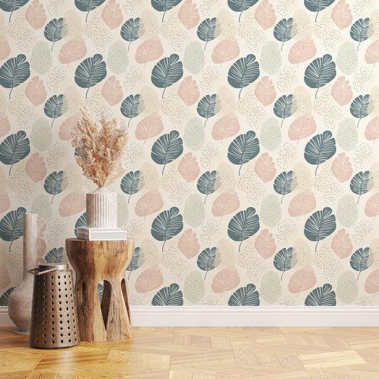 Blush and Teal Polka Dots and Leaves Wallpaper
