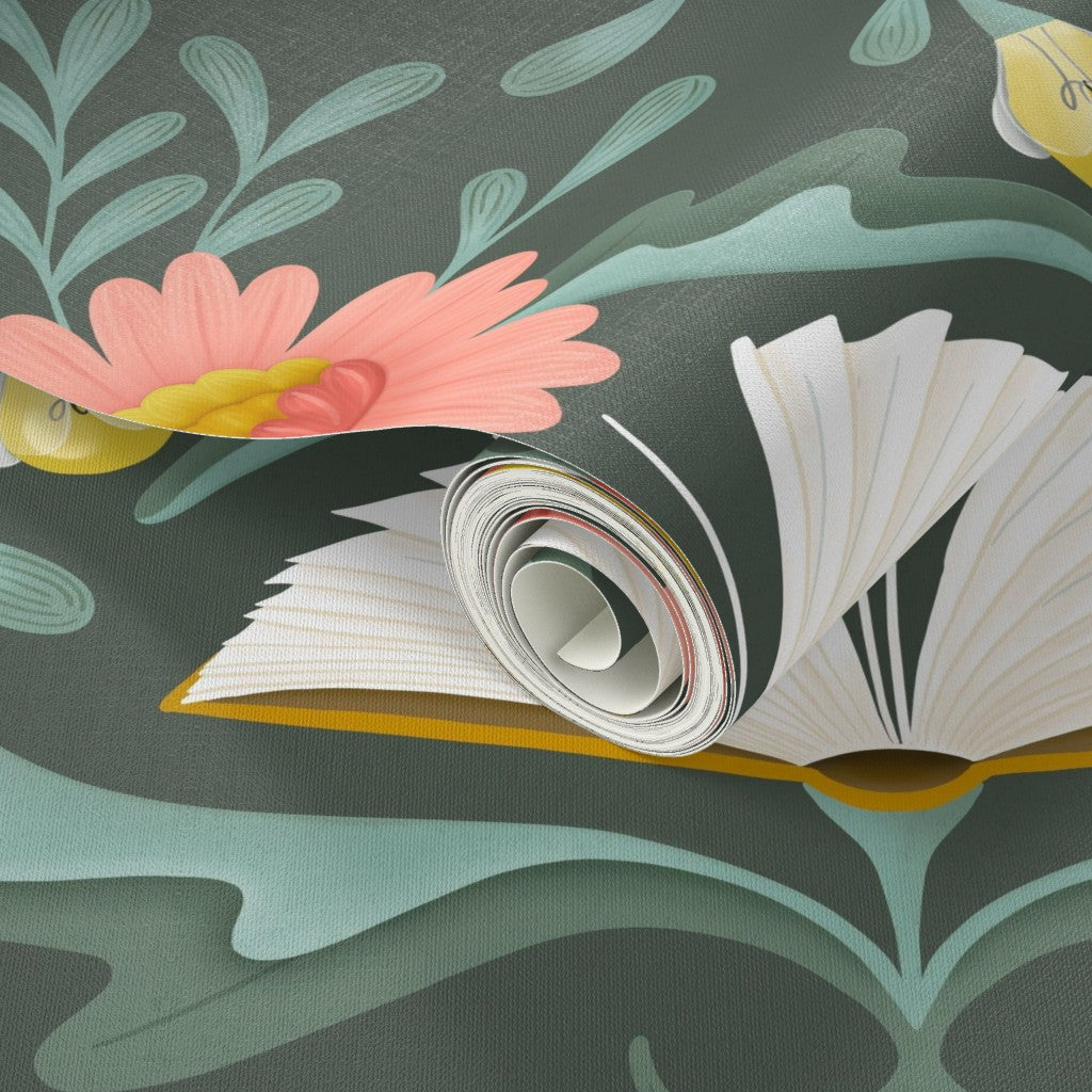 Rolled-up wallpaper on a floral-patterned background