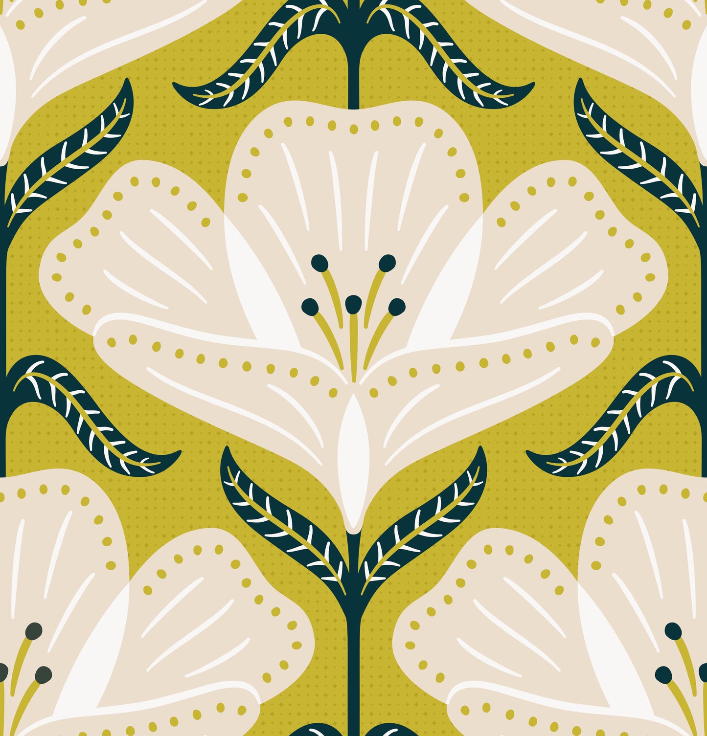 Decorative pattern with white flowers and green leaves on a green background