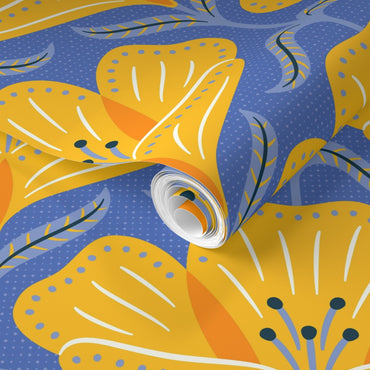 Roll of paper with yellow floral pattern on a blue background