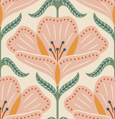 Pattern of pink flowers with green leaves on a beige background
