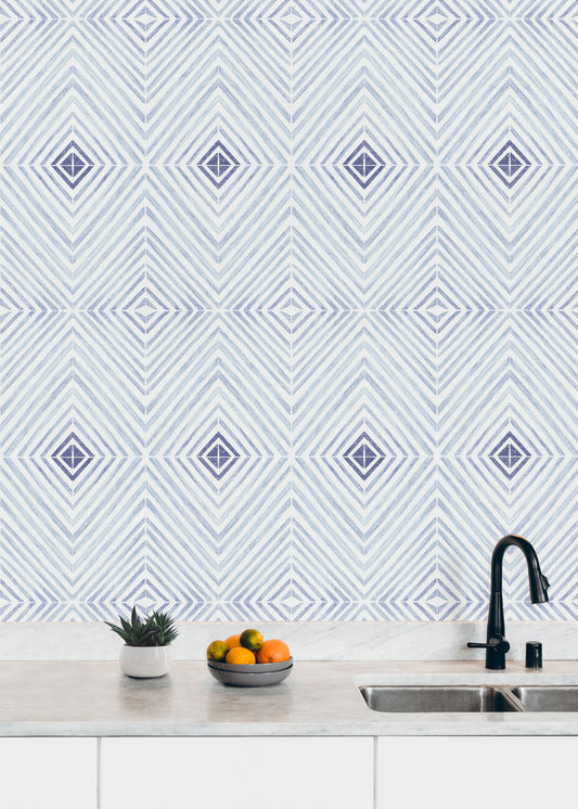 Indigo Denim Geometric Tile peel and stick wallpaper pattern detail