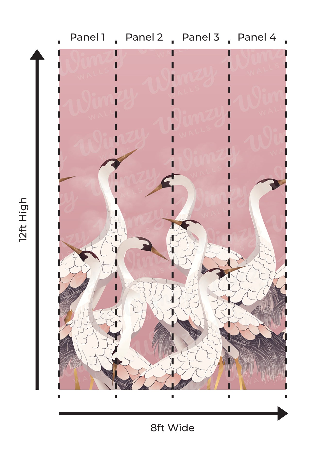 Wallpaper design with cranes on a pink background, showing dimensions.
