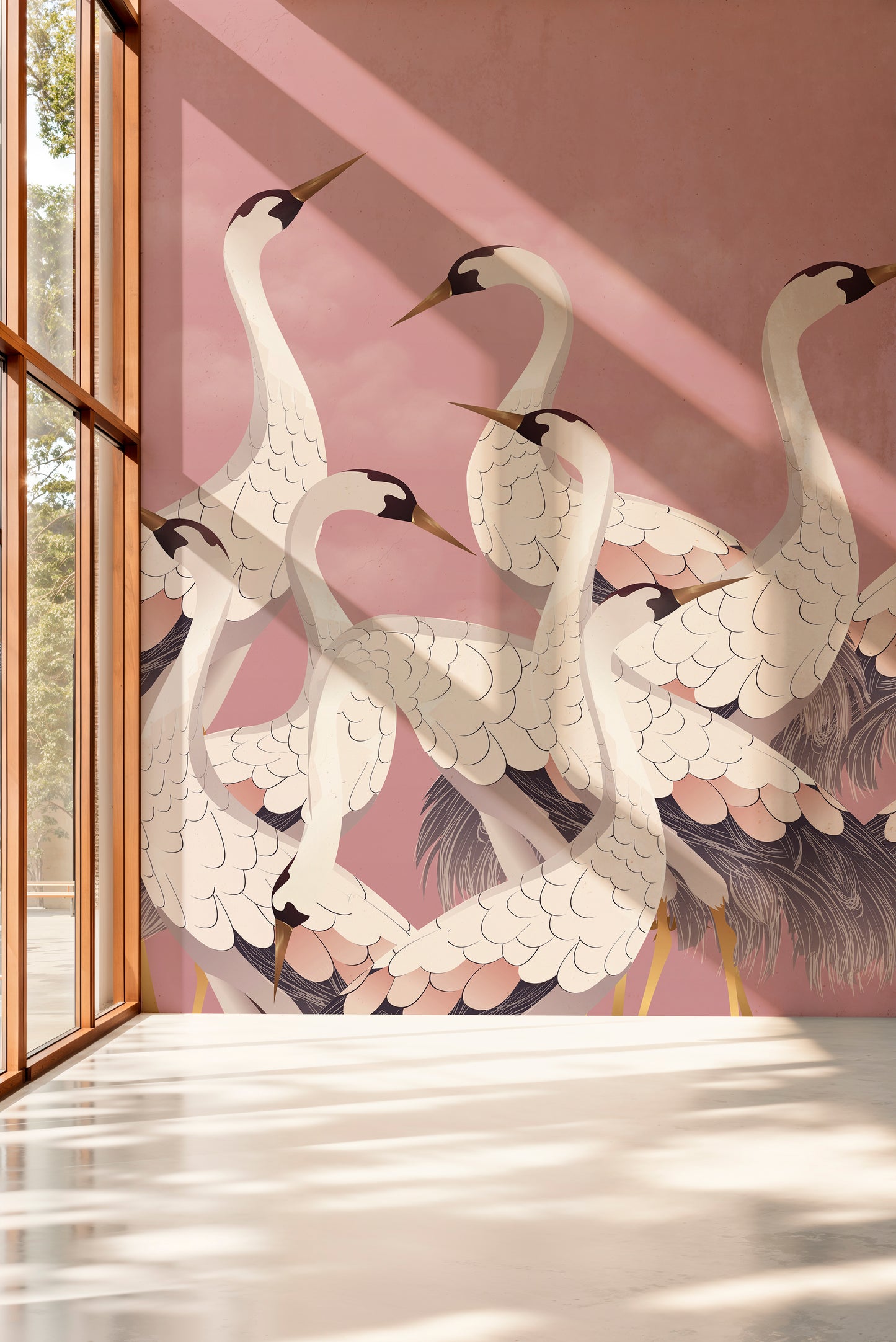 Decorative wall mural of cranes on a pink wall with a window on the left.