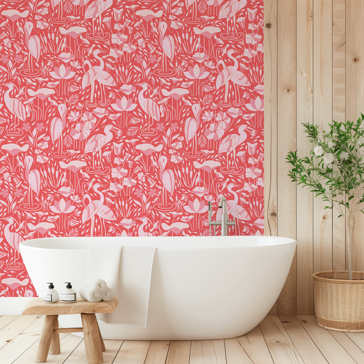 Herons by the Lake in Pink Wallpaper