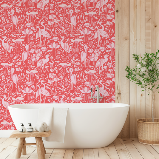Herons by the Lake in Pink Wallpaper