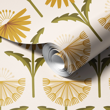 Roll of wallpaper with dandelion pattern on a beige background