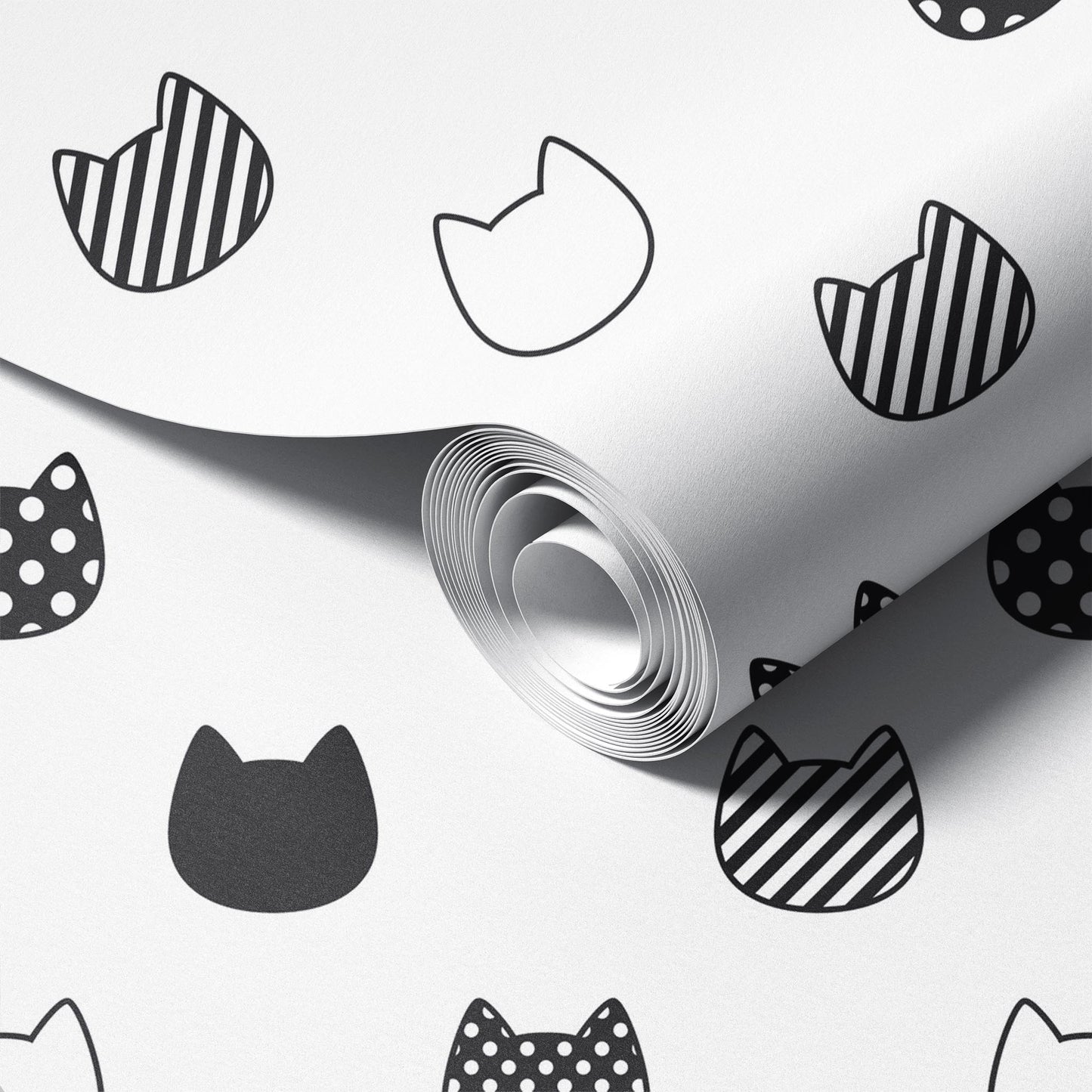 Kittens, Dots and Stripes peel & stick wallpaper in black and white. Removable, repositionable, damage-free. Safe, non-toxic, USA made.