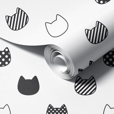 Kittens, Dots and Stripes peel & stick wallpaper in black and white. Removable, repositionable, damage-free. Safe, non-toxic, USA made.