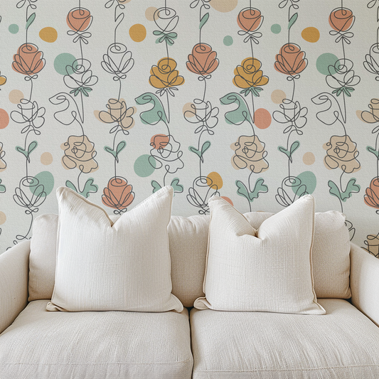 Multicolor Floral Line Art Wallpaper