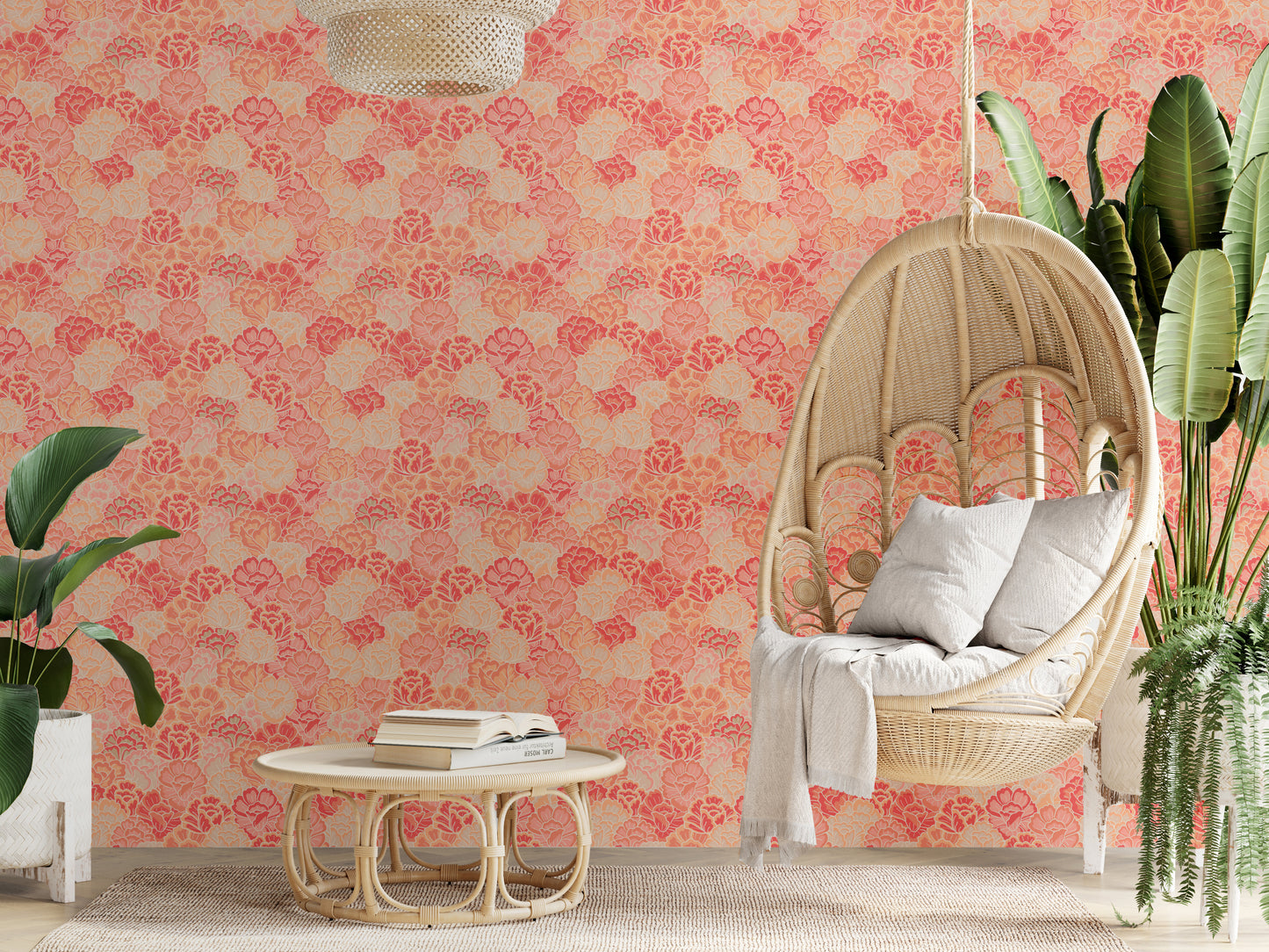 Peach Boho Floral Garden Wallpaper