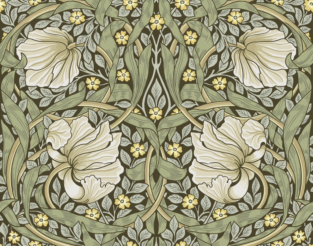 Pimpernel By William Morris Olive peel and stick wallpaper pattern detail